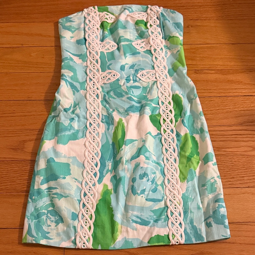 Lilly Pulitzer Strapless Aqua, Teal & Green Floral Dress with White Lace